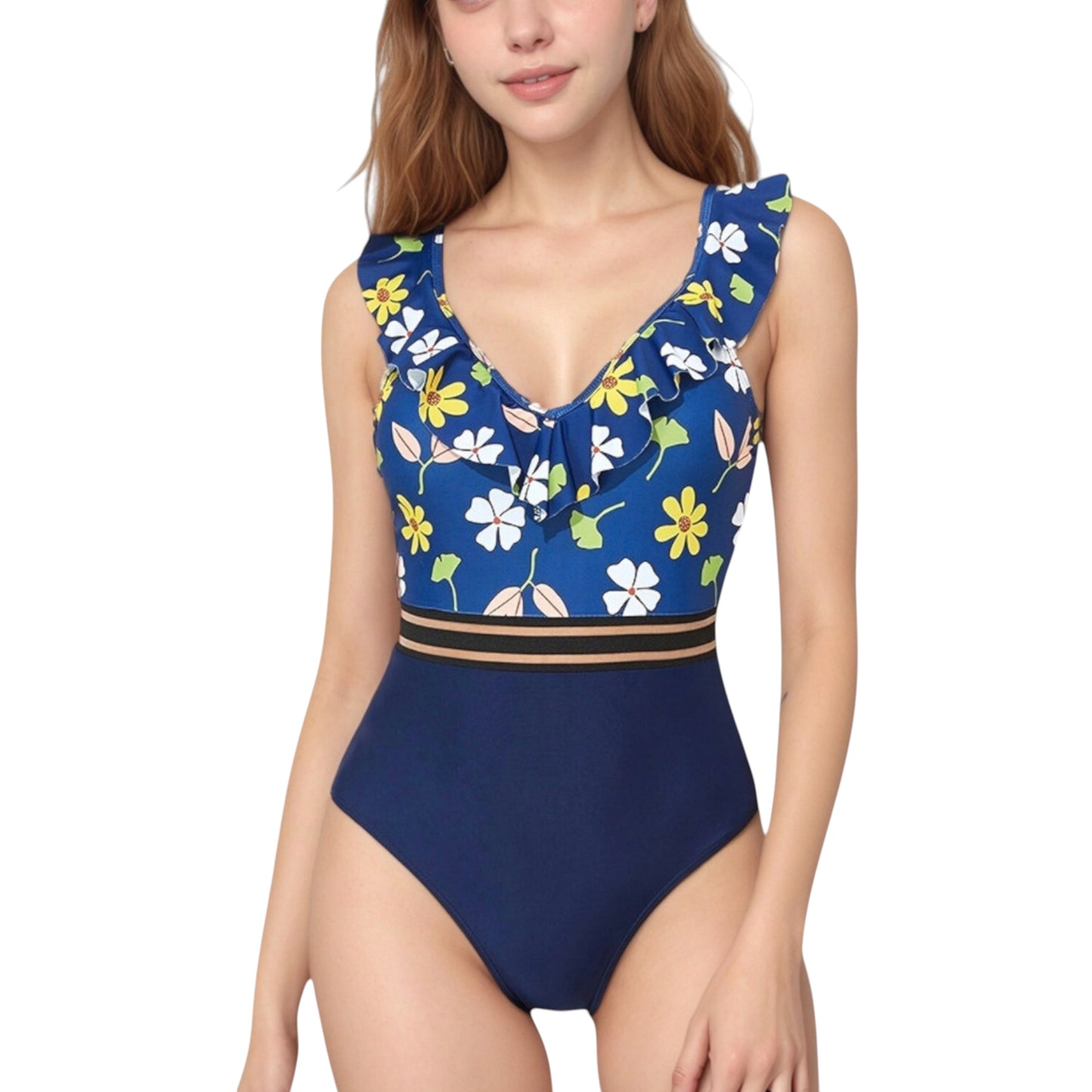 Ruffle One-Piece Swimsuit with Floral Print Bodice and Striped Waistband Detail