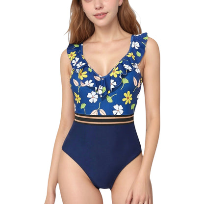 Ruffle One-Piece Swimsuit with Floral Print Bodice and Striped Waistband Detail