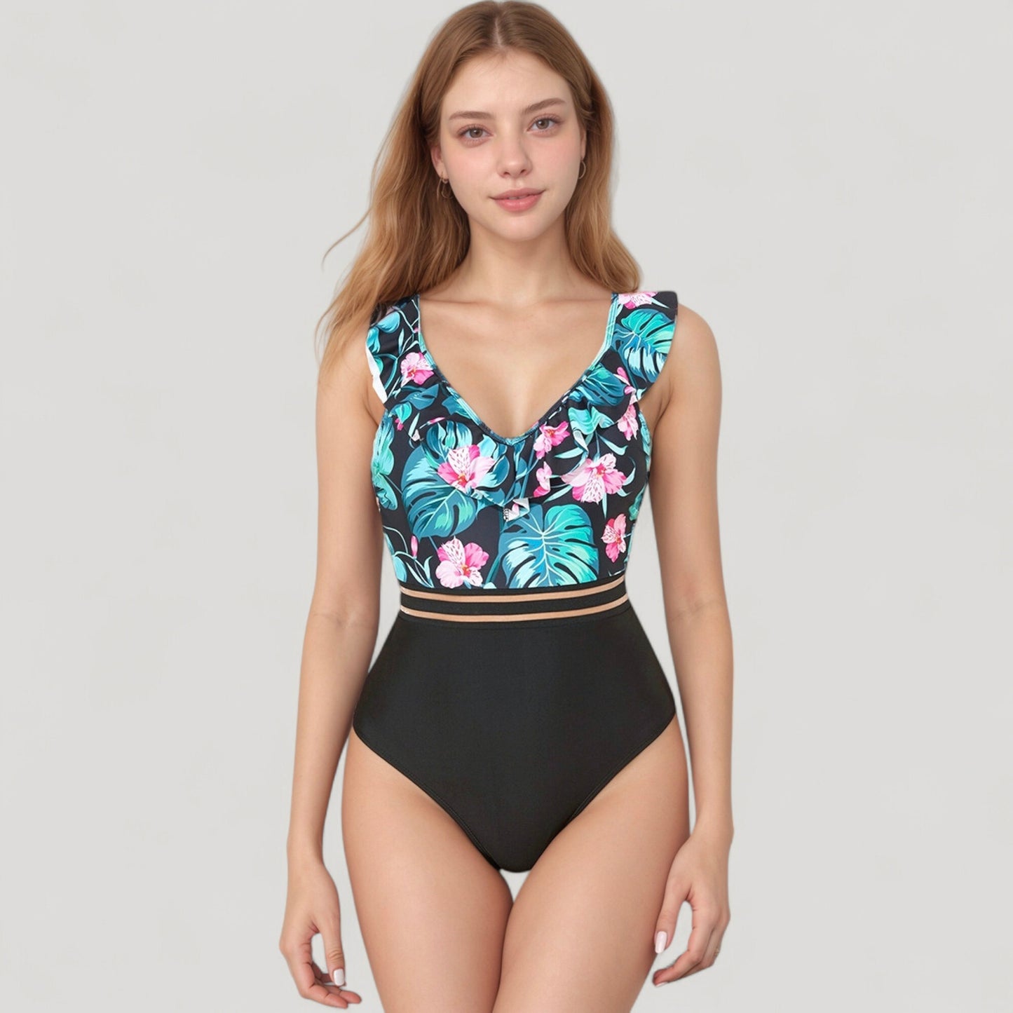 Ruffle One-Piece Swimsuit with Floral Print Bodice and Striped Waistband Detail