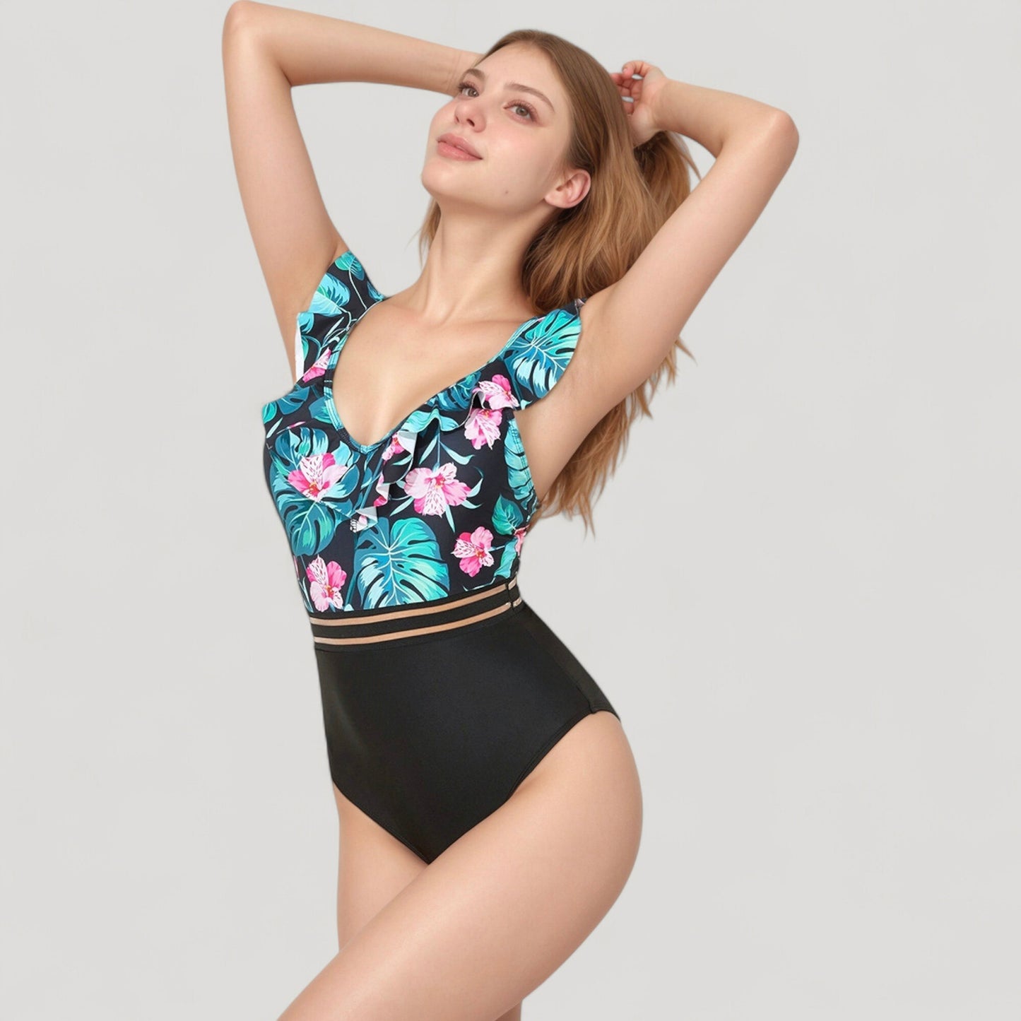 Ruffle One-Piece Swimsuit with Floral Print Bodice and Striped Waistband Detail