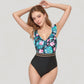 Ruffle One-Piece Swimsuit with Floral Print Bodice and Striped Waistband Detail