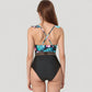 Ruffle One-Piece Swimsuit with Floral Print Bodice and Striped Waistband Detail