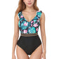 Ruffle One-Piece Swimsuit with Floral Print Bodice and Striped Waistband Detail