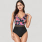 Ruffle One-Piece Swimsuit with Floral Print Bodice and Striped Waistband Detail