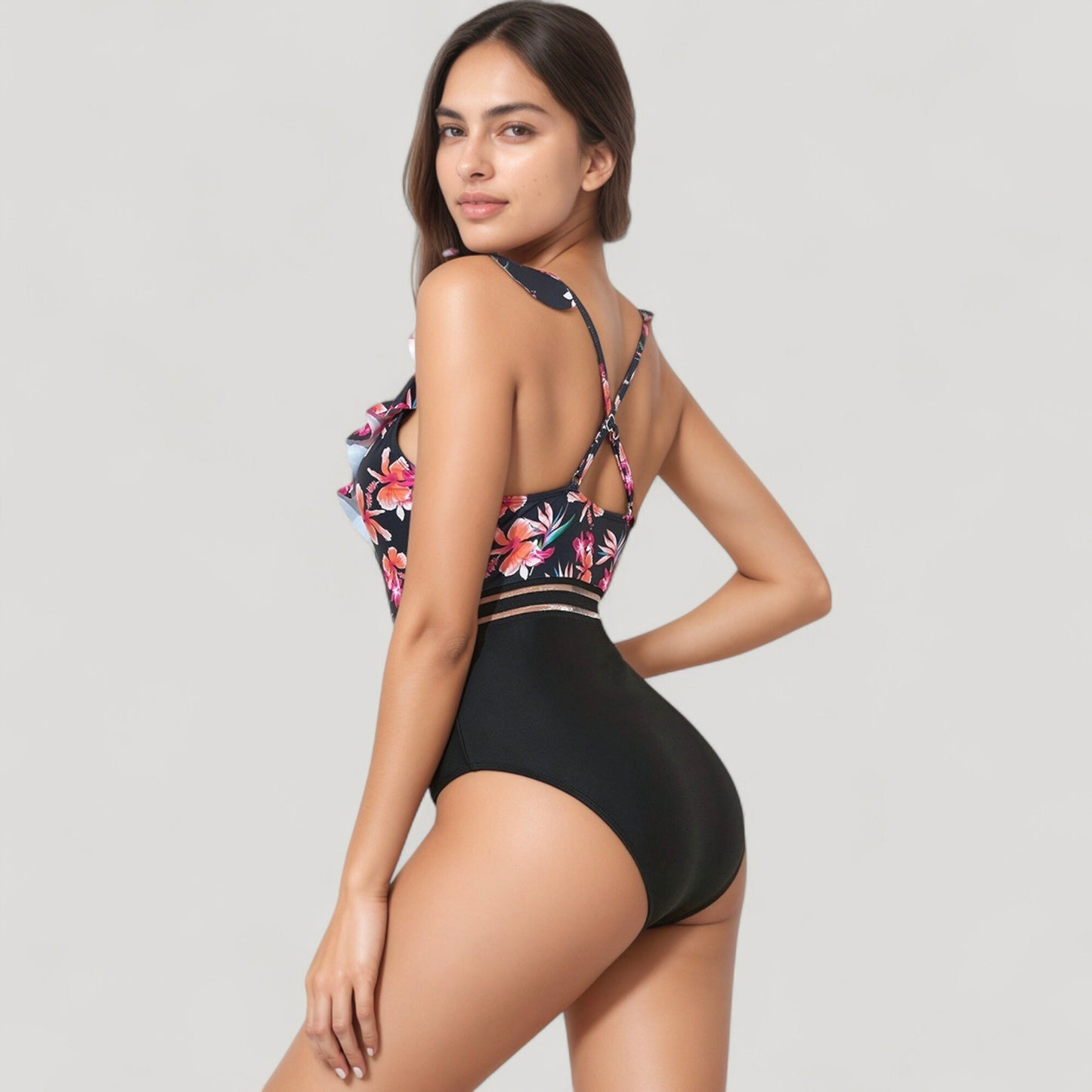 Ruffle One-Piece Swimsuit with Floral Print Bodice and Striped Waistband Detail