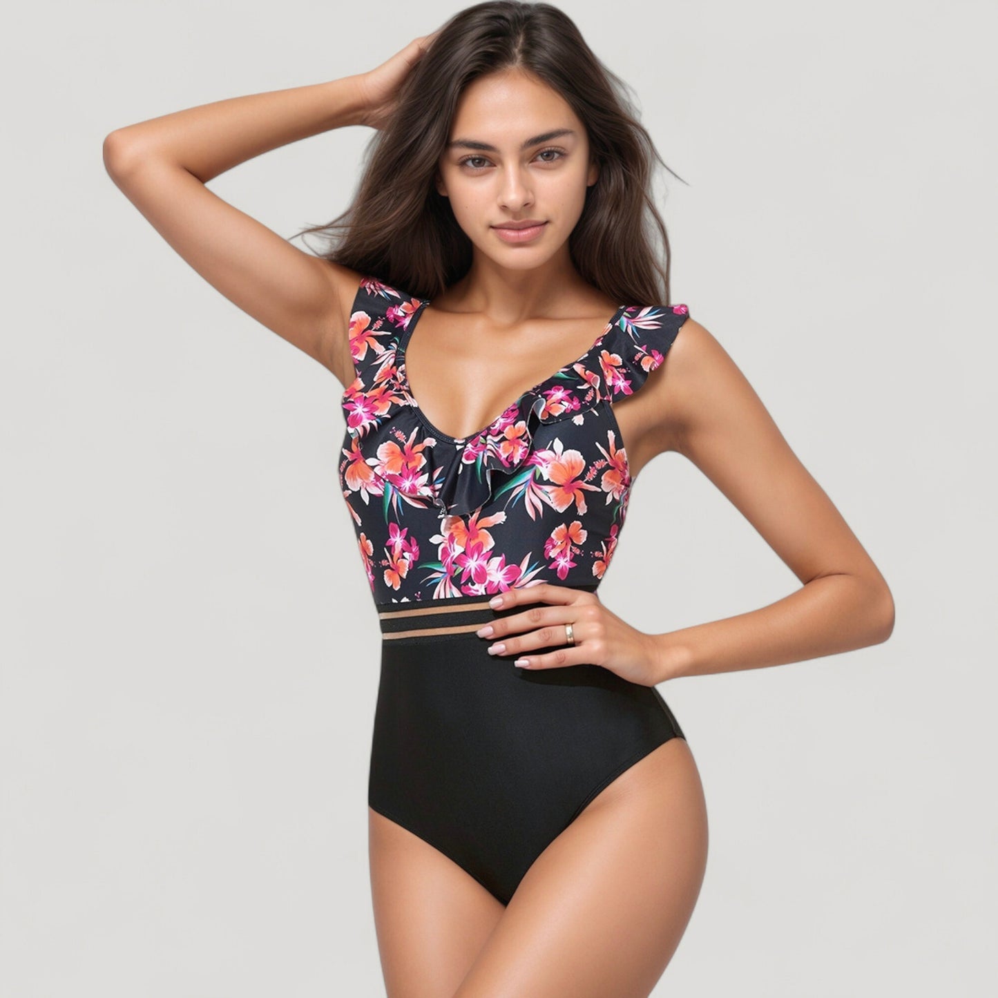Ruffle One-Piece Swimsuit with Floral Print Bodice and Striped Waistband Detail