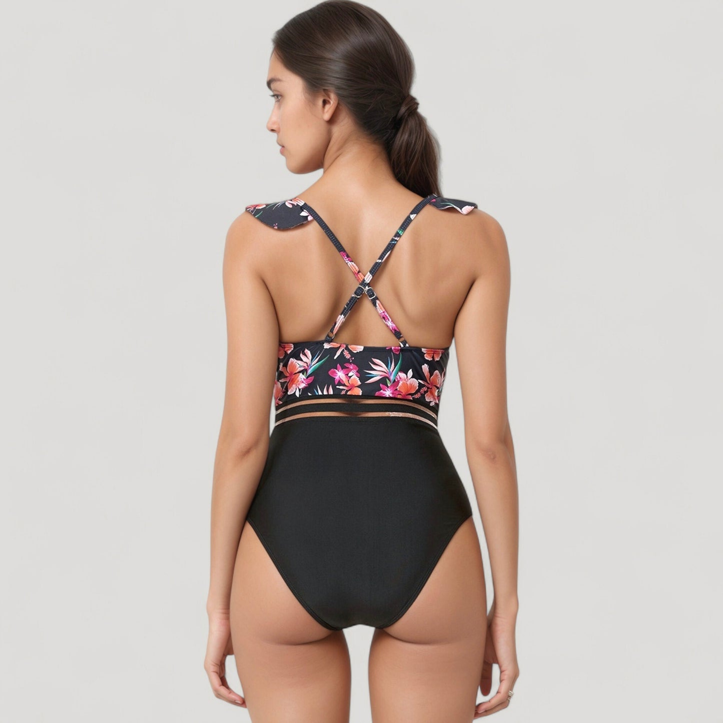Ruffle One-Piece Swimsuit with Floral Print Bodice and Striped Waistband Detail