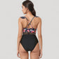 Ruffle One-Piece Swimsuit with Floral Print Bodice and Striped Waistband Detail