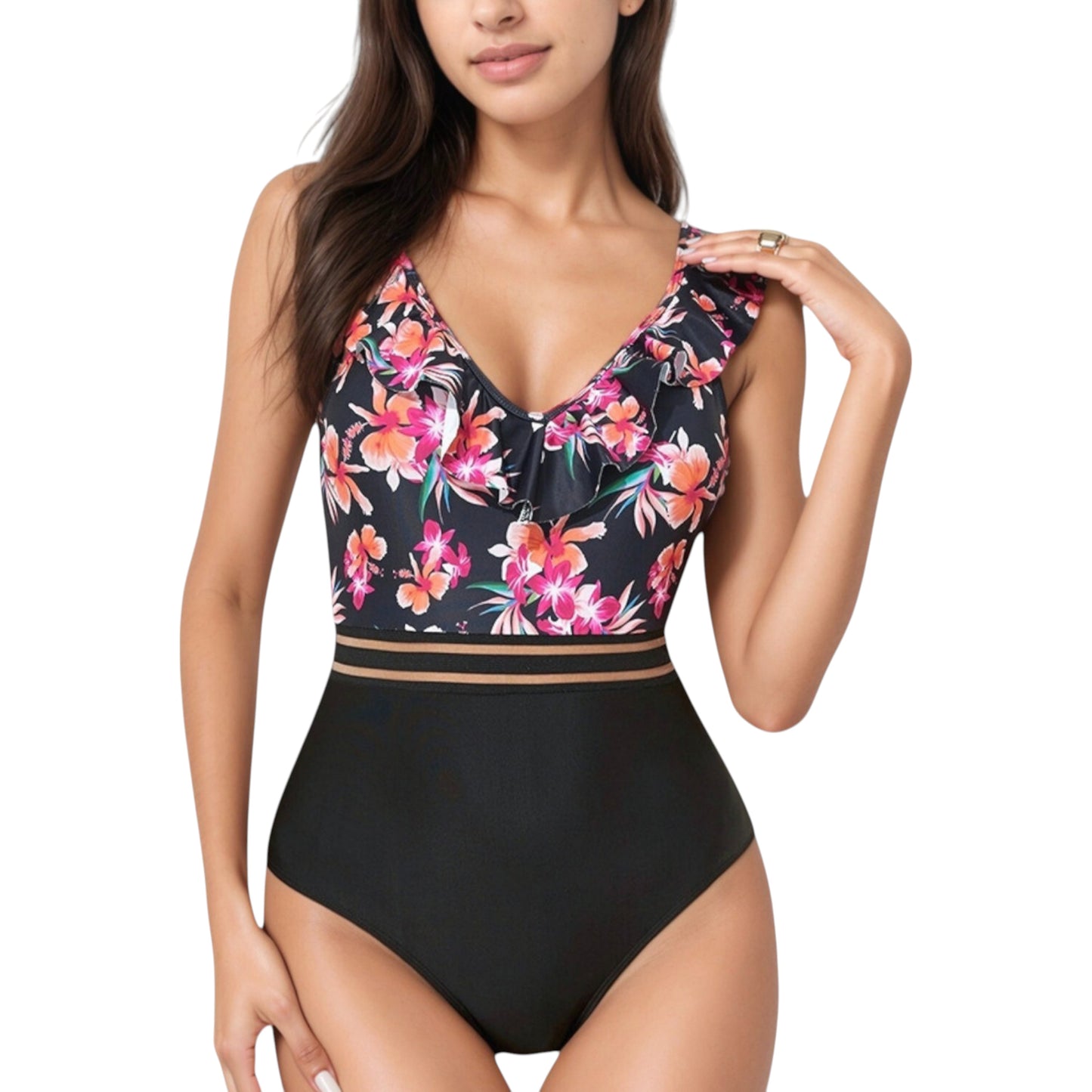 Ruffle One-Piece Swimsuit with Floral Print Bodice and Striped Waistband Detail