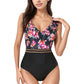 Ruffle One-Piece Swimsuit with Floral Print Bodice and Striped Waistband Detail
