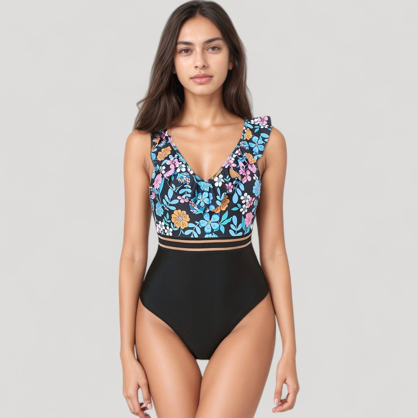Ruffle One-Piece Swimsuit with Floral Print Bodice and Striped Waistband Detail