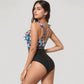 Ruffle One-Piece Swimsuit with Floral Print Bodice and Striped Waistband Detail