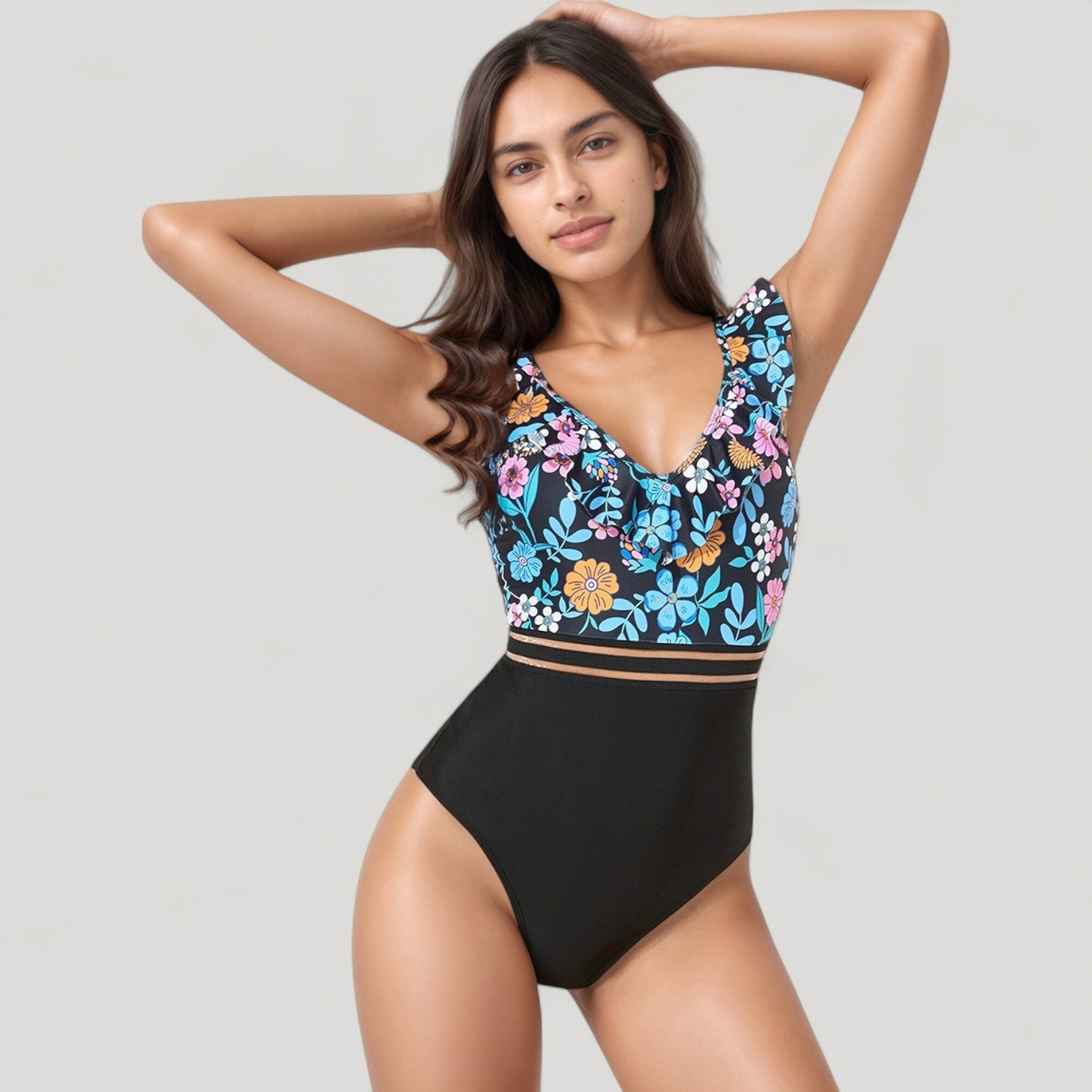 Ruffle One-Piece Swimsuit with Floral Print Bodice and Striped Waistband Detail