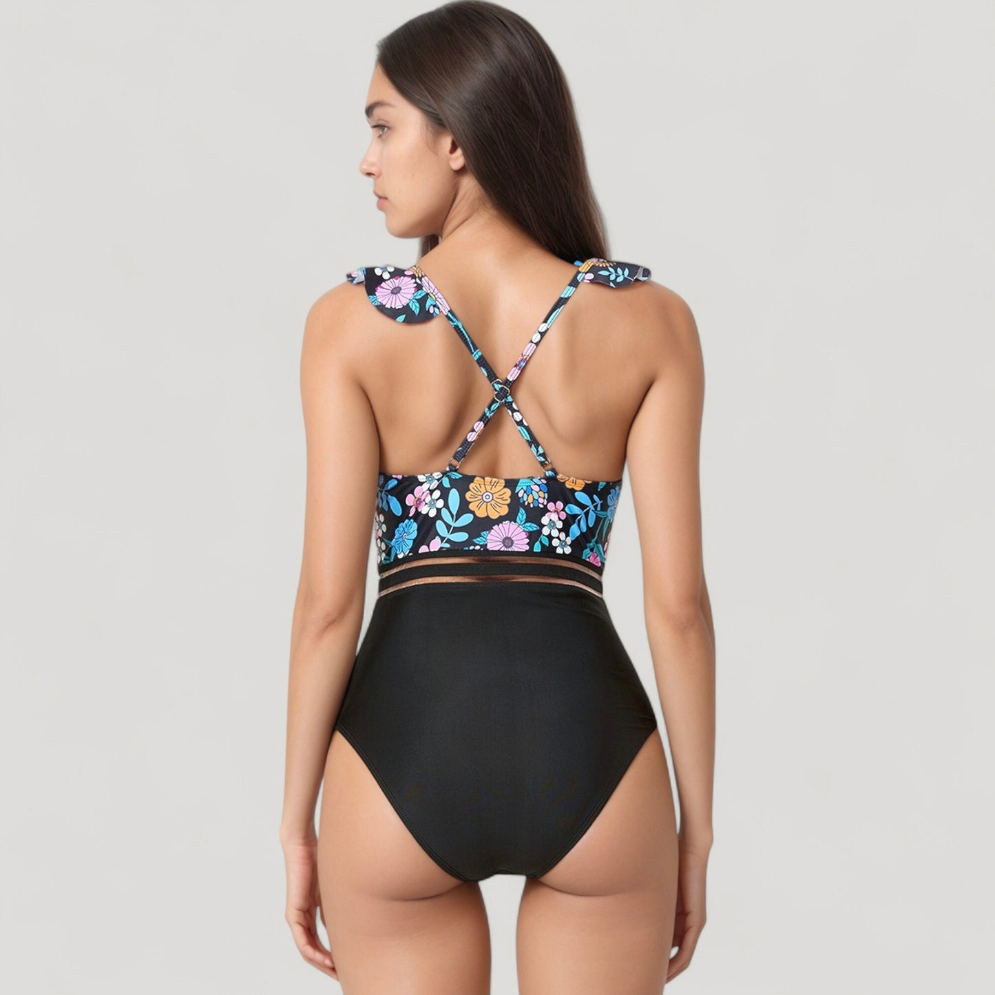 Ruffle One-Piece Swimsuit with Floral Print Bodice and Striped Waistband Detail