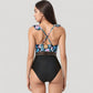 Ruffle One-Piece Swimsuit with Floral Print Bodice and Striped Waistband Detail