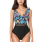 Ruffle One-Piece Swimsuit with Floral Print Bodice and Striped Waistband Detail