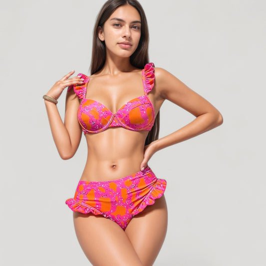 Ruffled Strap Bikini 3 Pcs Set with High Waist Bottom and Bold Abstract Print