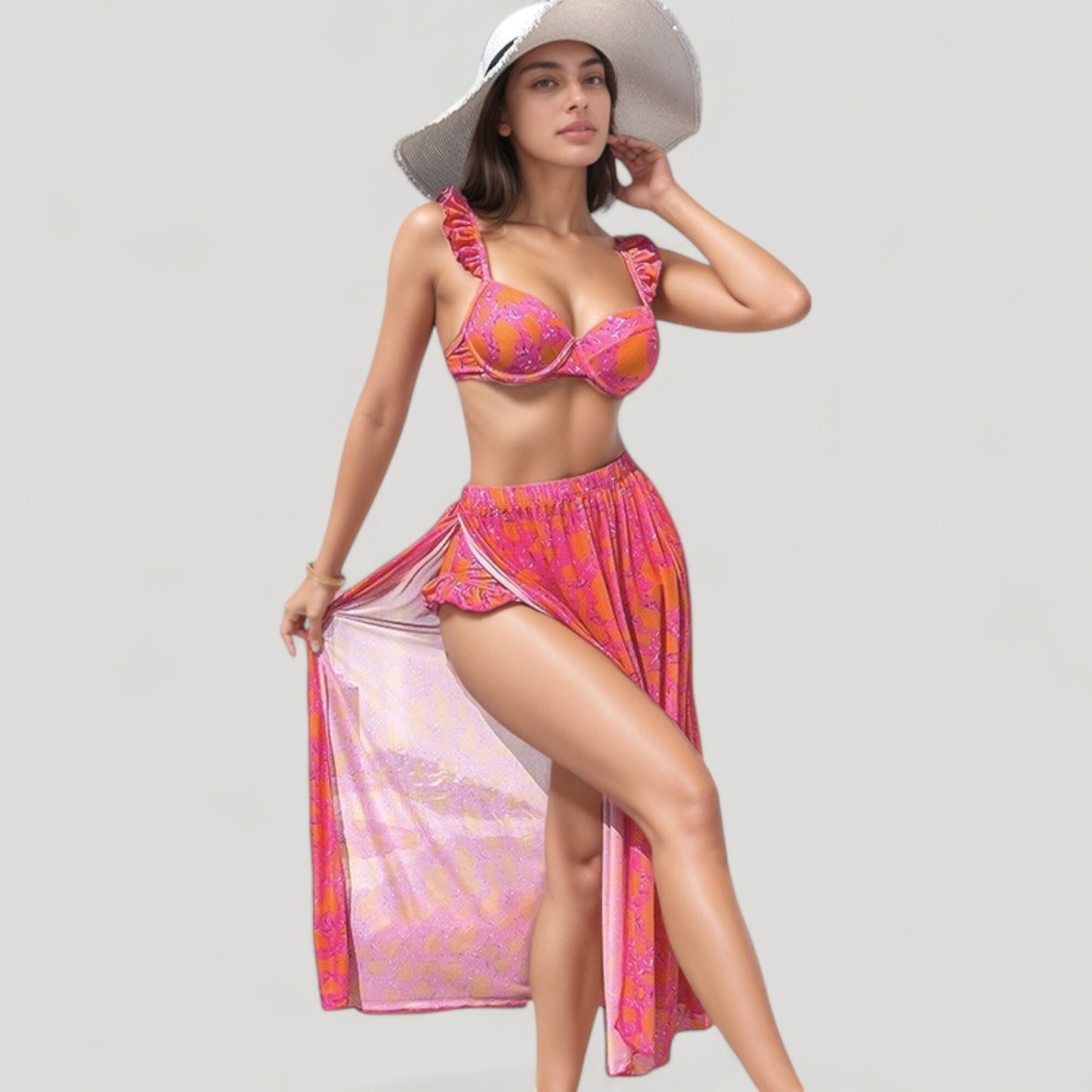 Ruffled Strap Bikini 3 Pcs Set with High Waist Bottom and Bold Abstract Print