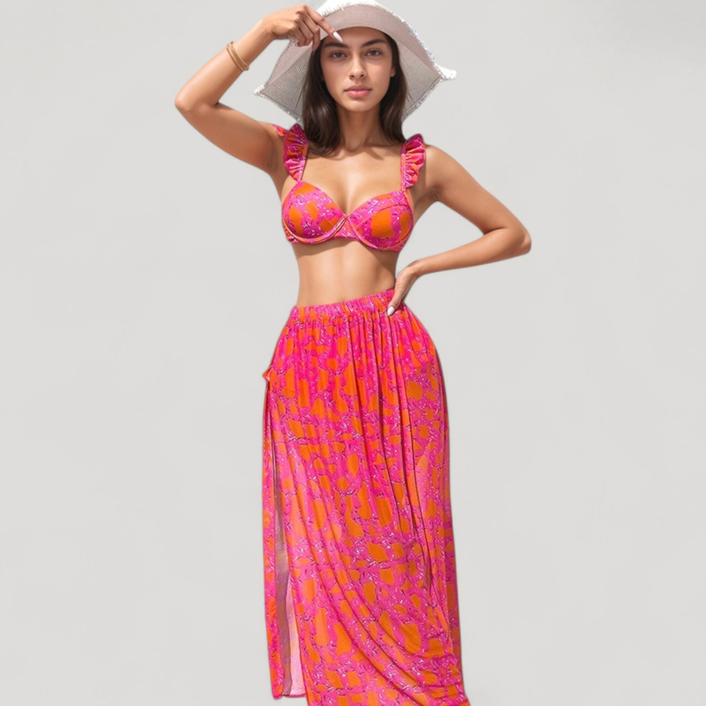 Ruffled Strap Bikini 3 Pcs Set with High Waist Bottom and Bold Abstract Print