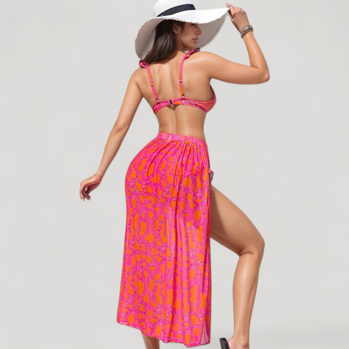 Ruffled Strap Bikini 3 Pcs Set with High Waist Bottom and Bold Abstract Print