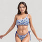 One Shoulder Floral Print Bikini Set with Side Tie Bottoms and Scalloped Trim