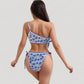 One Shoulder Floral Print Bikini Set with Side Tie Bottoms and Scalloped Trim