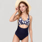 Twist Front Floral One Piece Swimsuit with Cutout Waist and Ruched Tummy Control