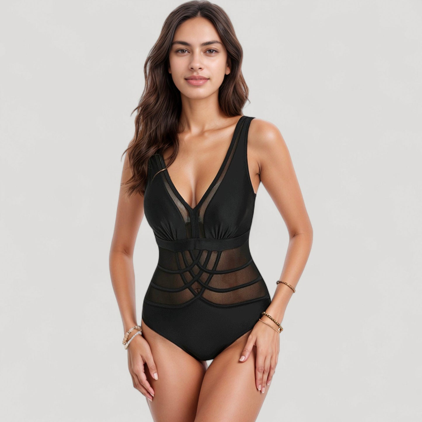 Mesh Panel One Piece Swimsuit with Deep V Neck and Geometric Striped Waist Design
