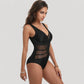 Mesh Panel One Piece Swimsuit with Deep V Neck and Geometric Striped Waist Design