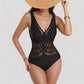 Mesh Panel One Piece Swimsuit with Deep V Neck and Geometric Striped Waist Design