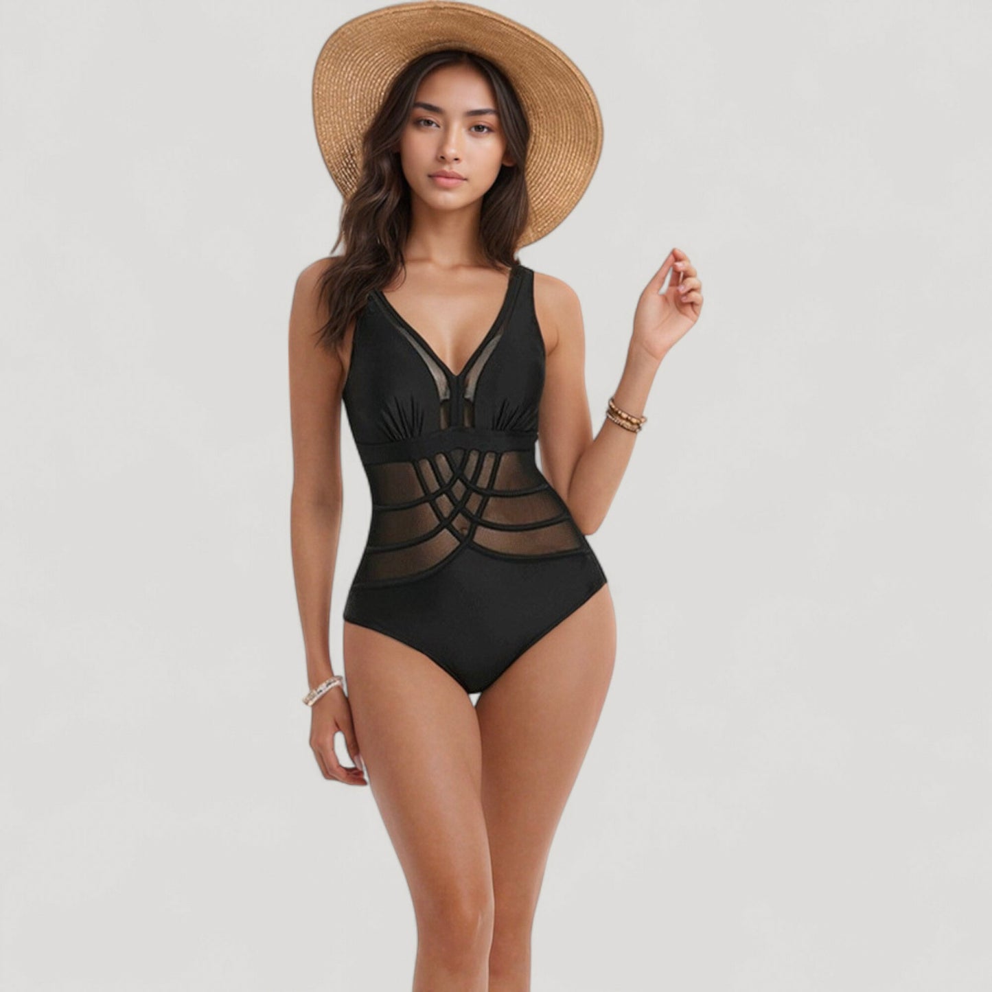 Mesh Panel One Piece Swimsuit with Deep V Neck and Geometric Striped Waist Design