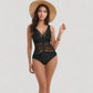 Mesh Panel One Piece Swimsuit with Deep V Neck and Geometric Striped Waist Design