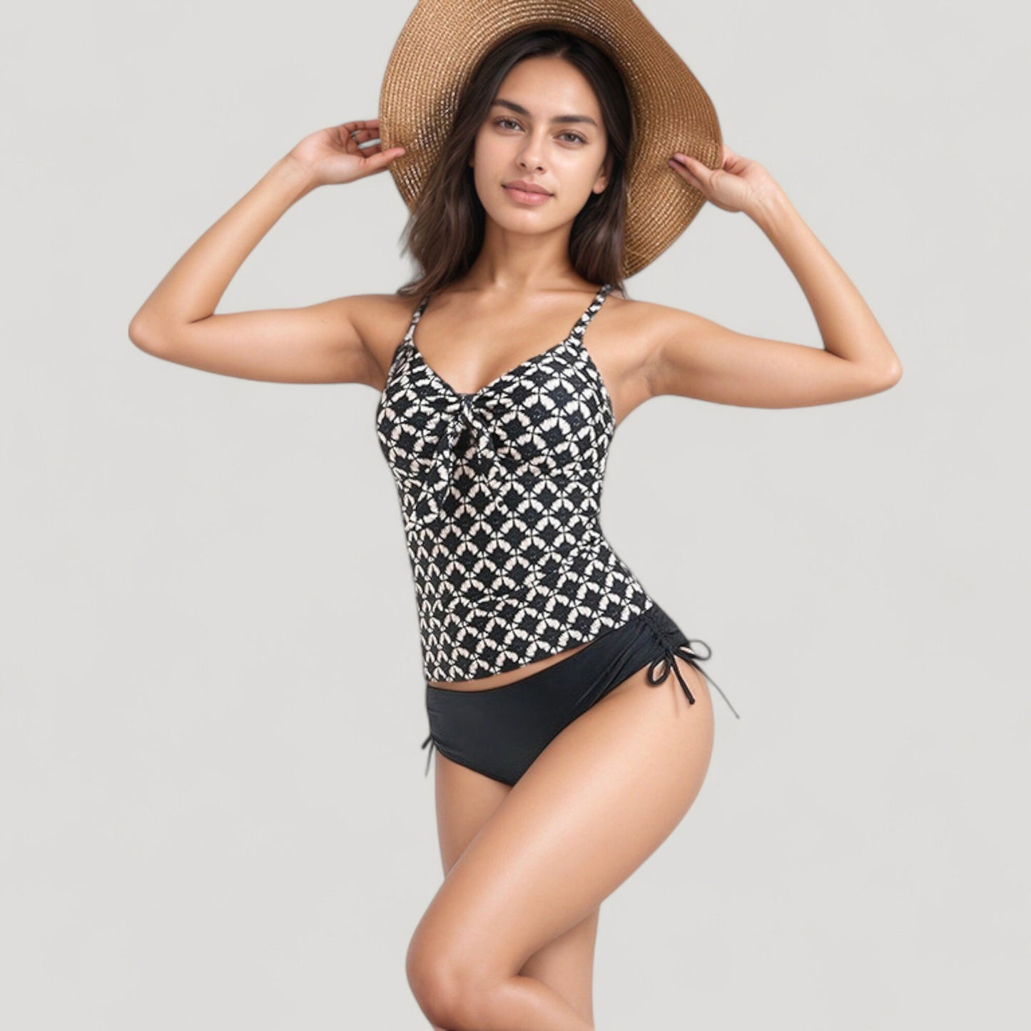 Tankini Top with Front Tie and Adjustable Side Bottoms Two Piece Swimsuit