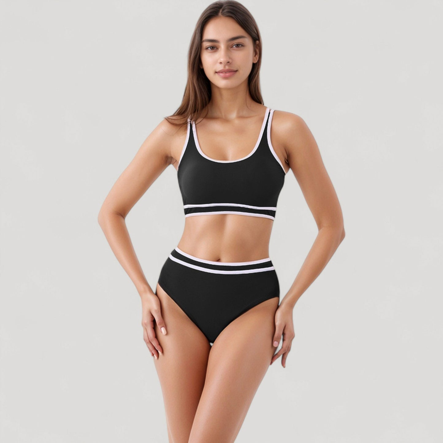 Sporty High Waist Bikini Set with Contrast Trim and Scoop Neck Crop Top