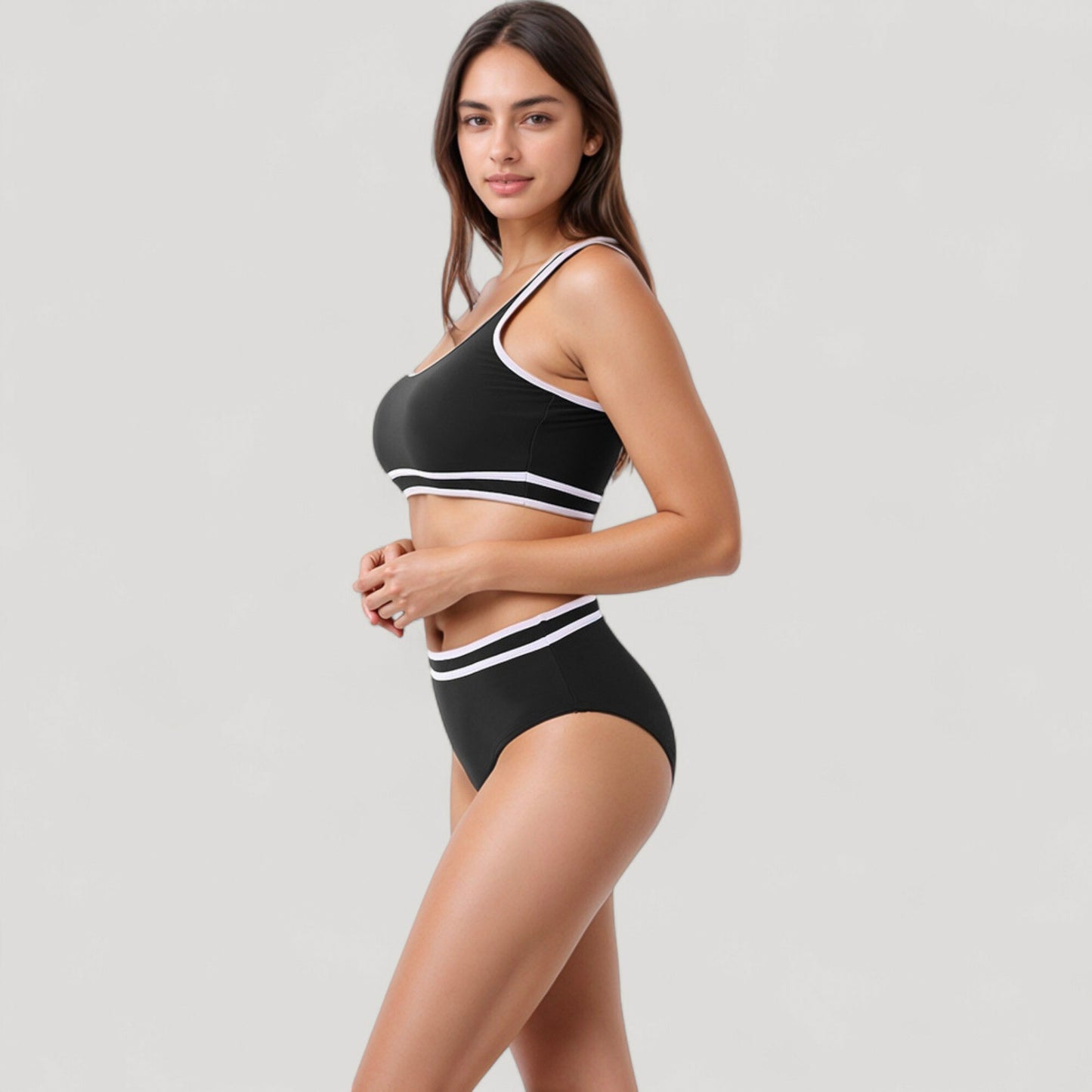 Sporty High Waist Bikini Set with Contrast Trim and Scoop Neck Crop Top