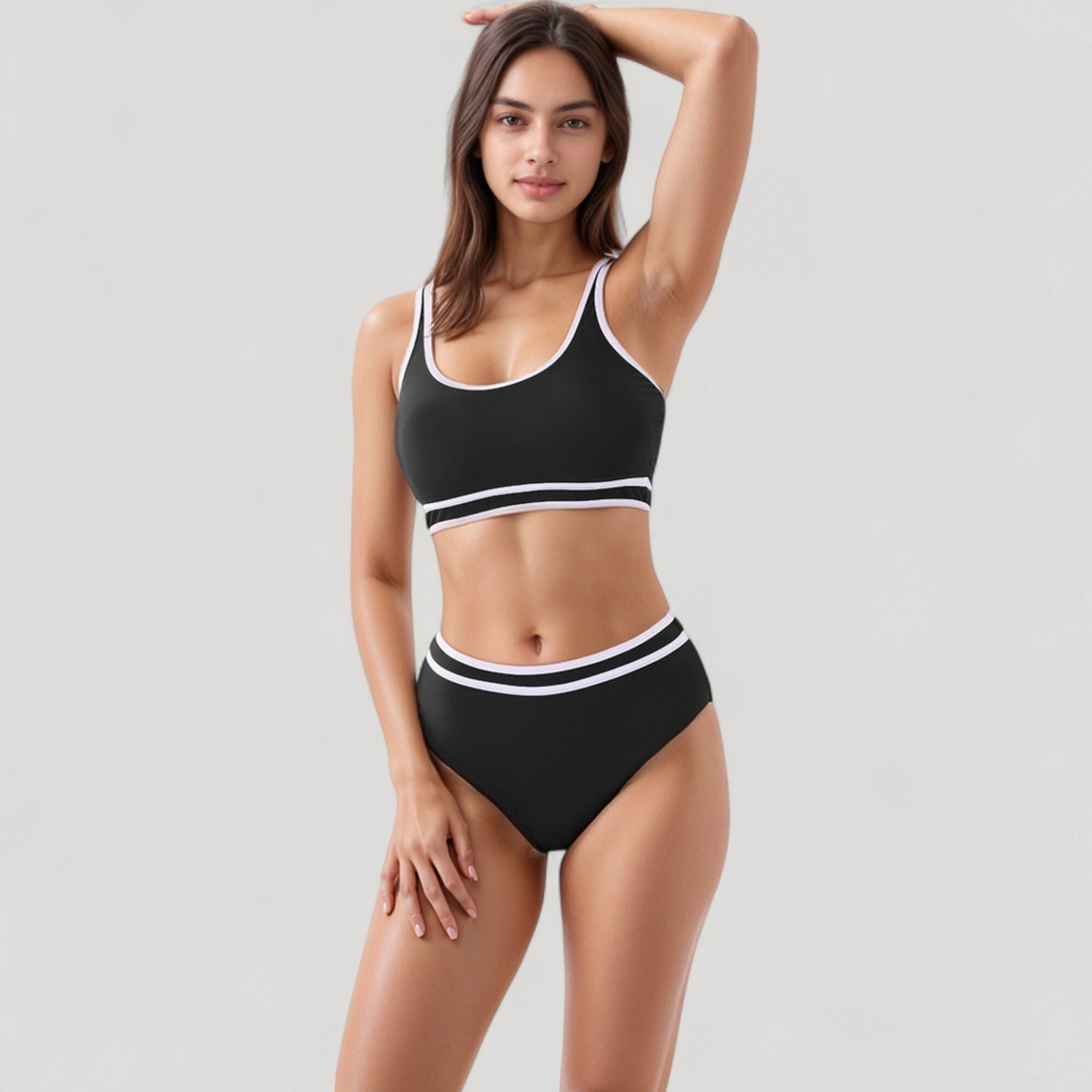 Sporty High Waist Bikini Set with Contrast Trim and Scoop Neck Crop Top