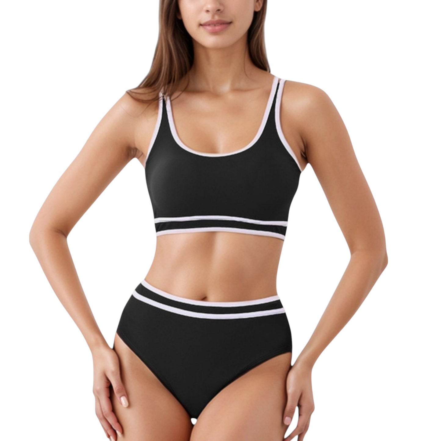Sporty High Waist Bikini Set with Contrast Trim and Scoop Neck Crop Top