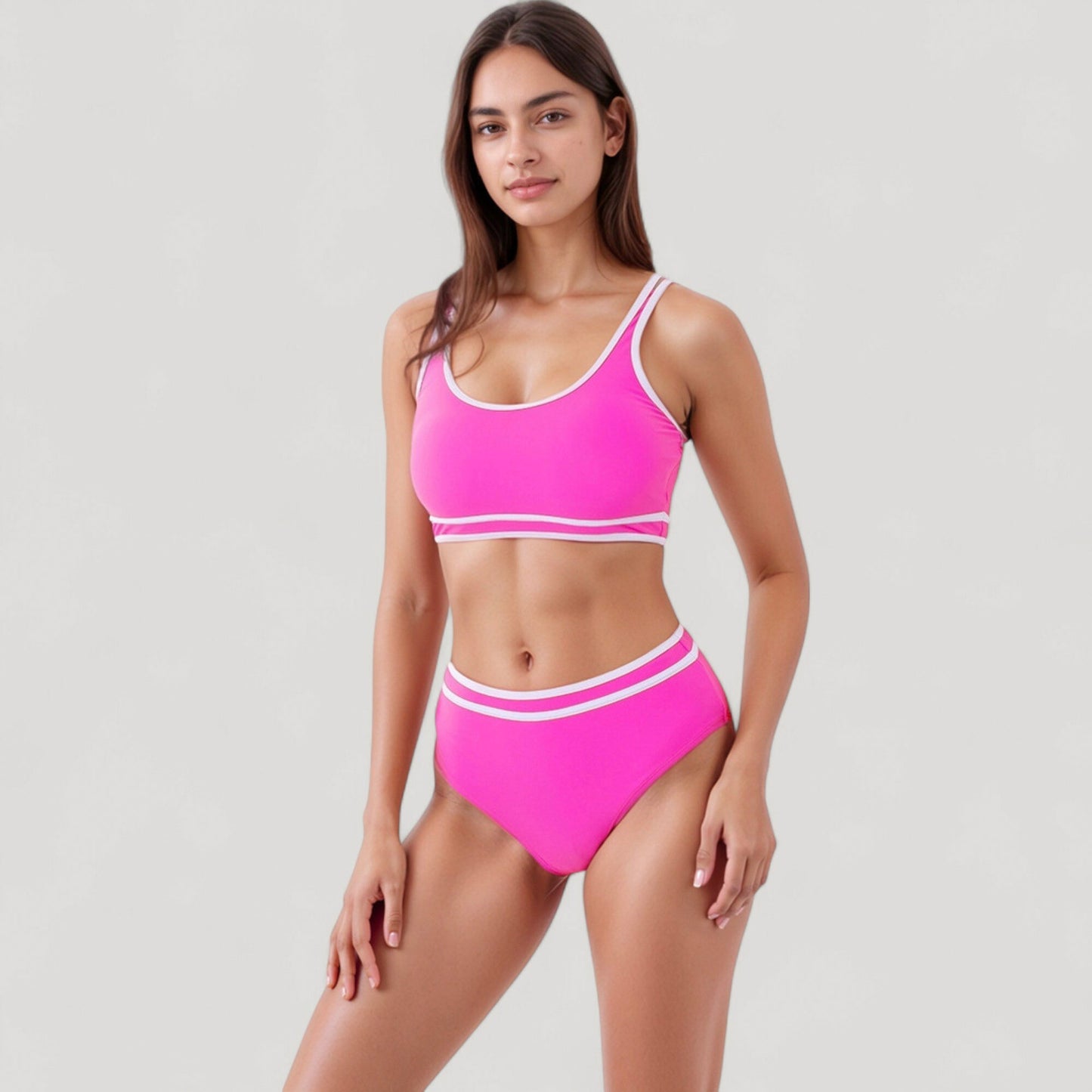 Sporty High Waist Bikini Set with Contrast Trim and Scoop Neck Crop Top