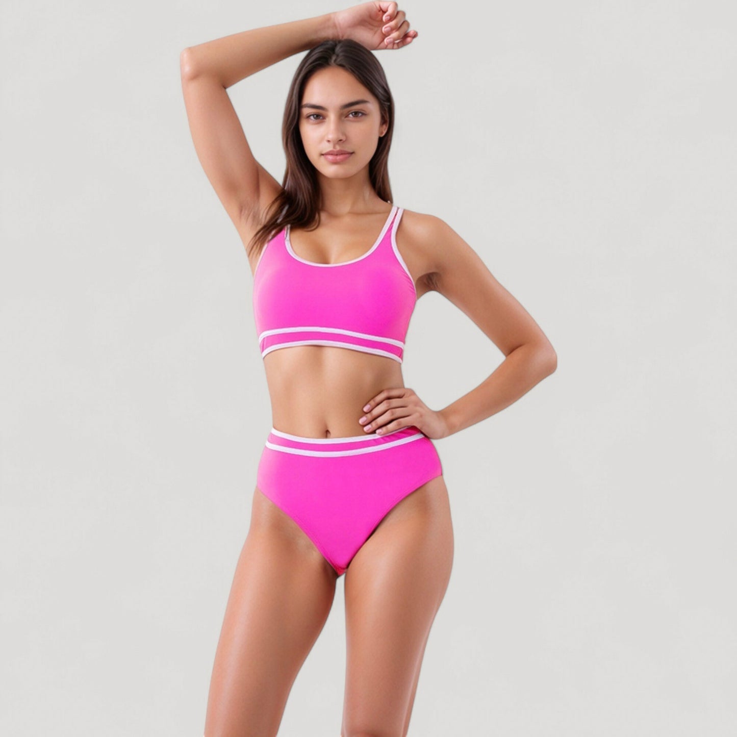 Sporty High Waist Bikini Set with Contrast Trim and Scoop Neck Crop Top