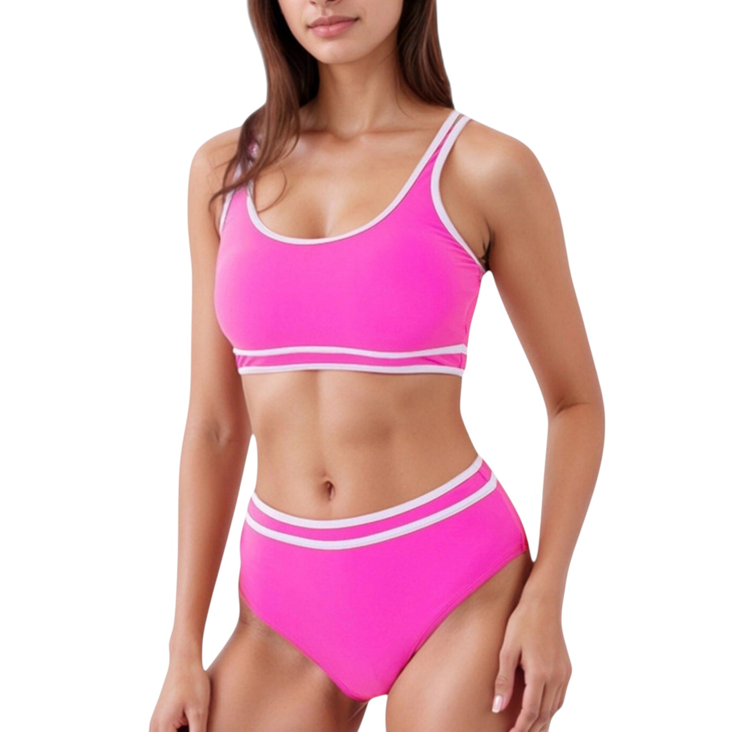Sporty High Waist Bikini Set with Contrast Trim and Scoop Neck Crop Top