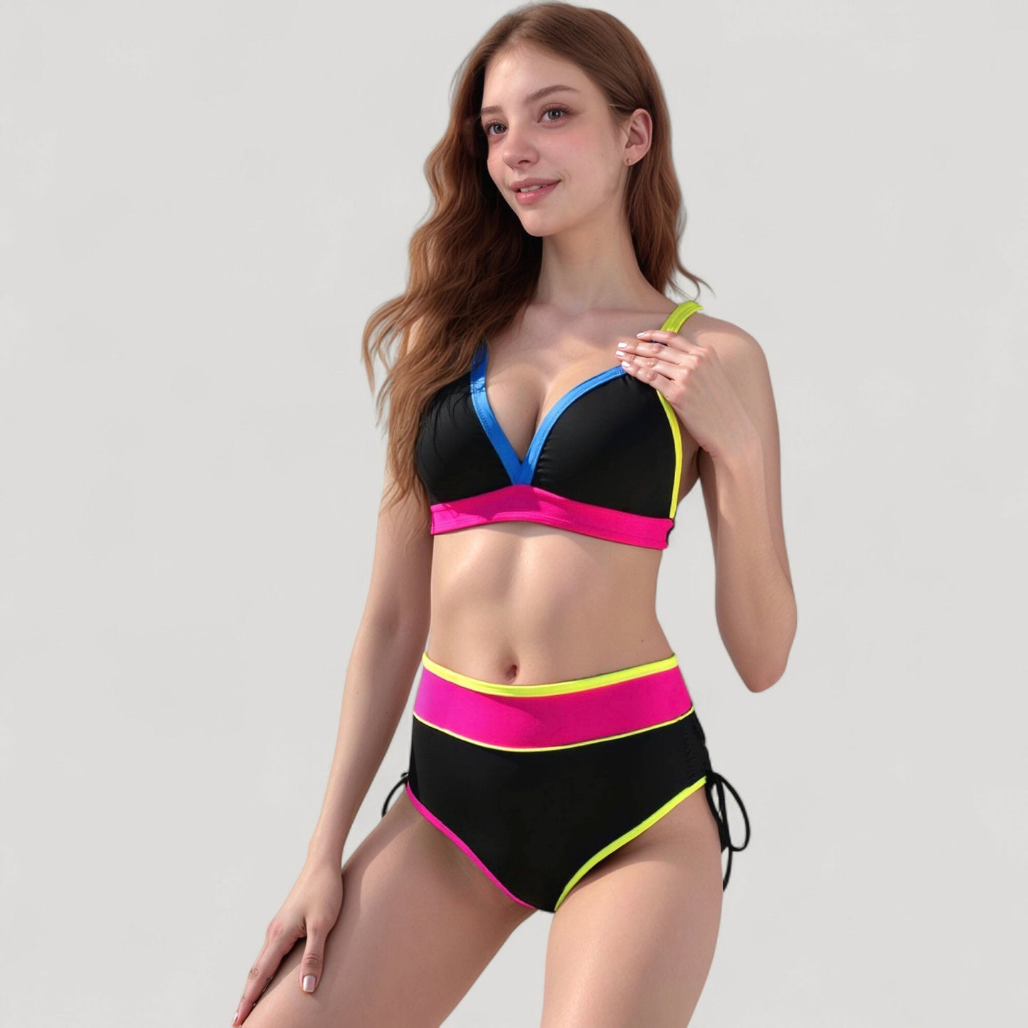 Colorblock High Waist Bikini Set with Adjustable Side Ruched Bottoms and V-Neck Supportive Top