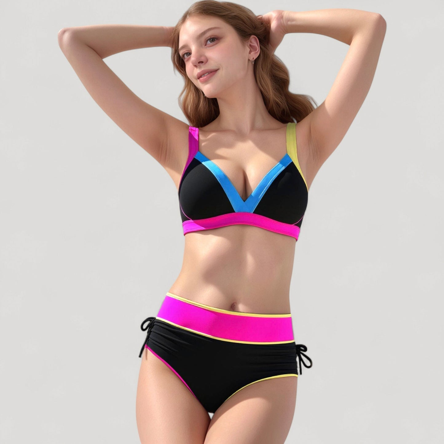Colorblock High Waist Bikini Set with Adjustable Side Ruched Bottoms and V-Neck Supportive Top