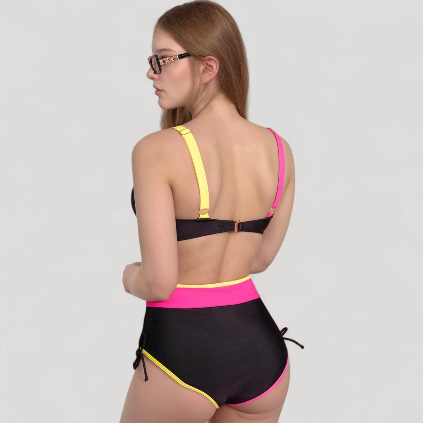 Colorblock High Waist Bikini Set with Adjustable Side Ruched Bottoms and V-Neck Supportive Top