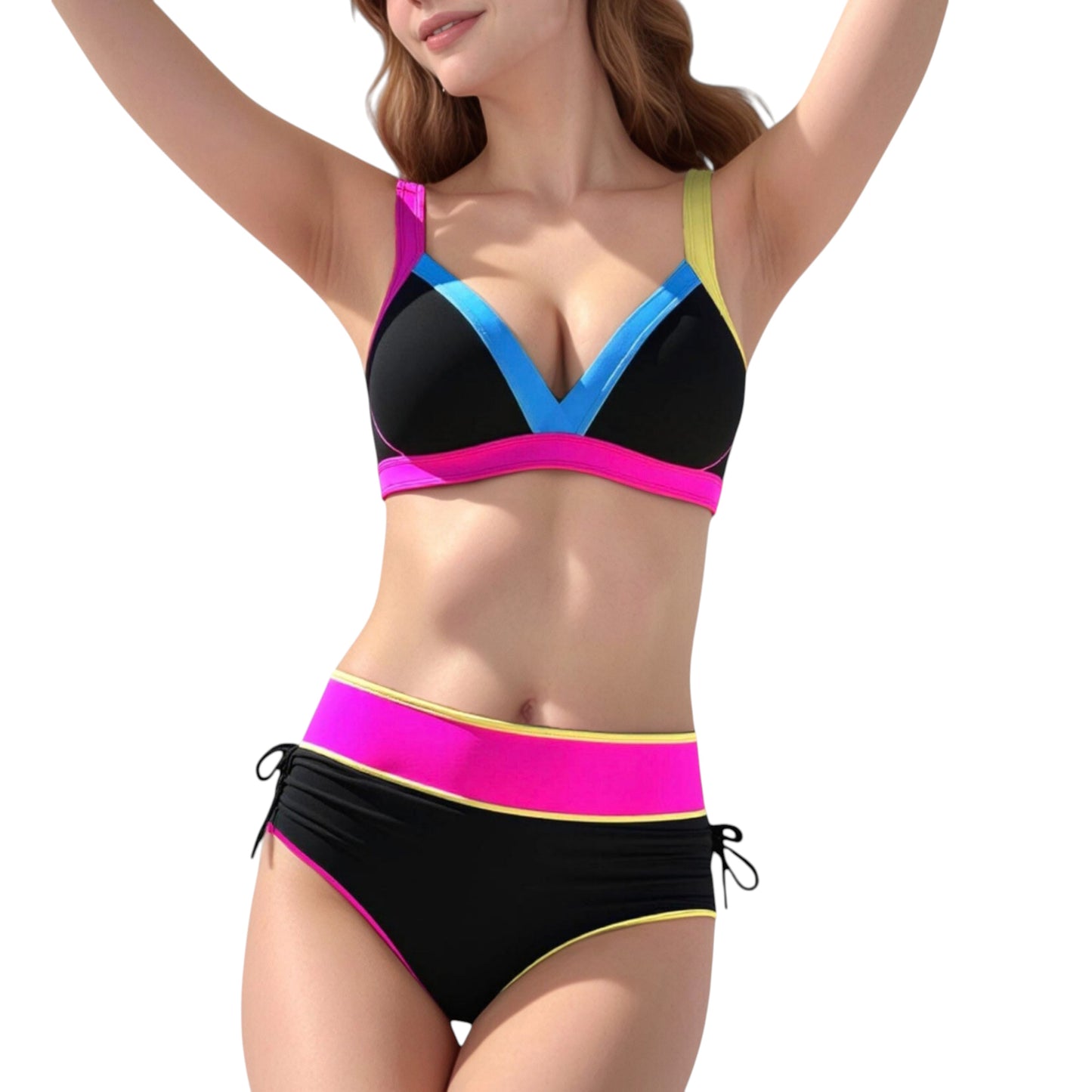 Colorblock High Waist Bikini Set with Adjustable Side Ruched Bottoms and V-Neck Supportive Top