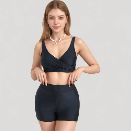 Twist Front Bikini Top and High Waist Swim Shorts Set with Supportive Wide Straps and Soft Stretch Fit