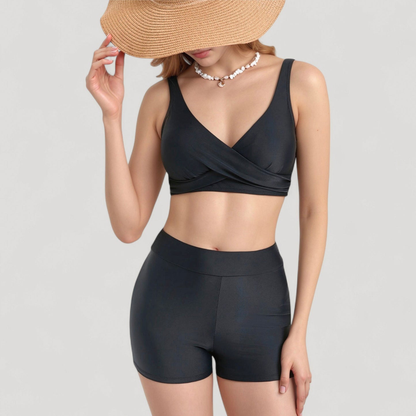 Twist Front Bikini Top and High Waist Swim Shorts Set with Supportive Wide Straps and Soft Stretch Fit