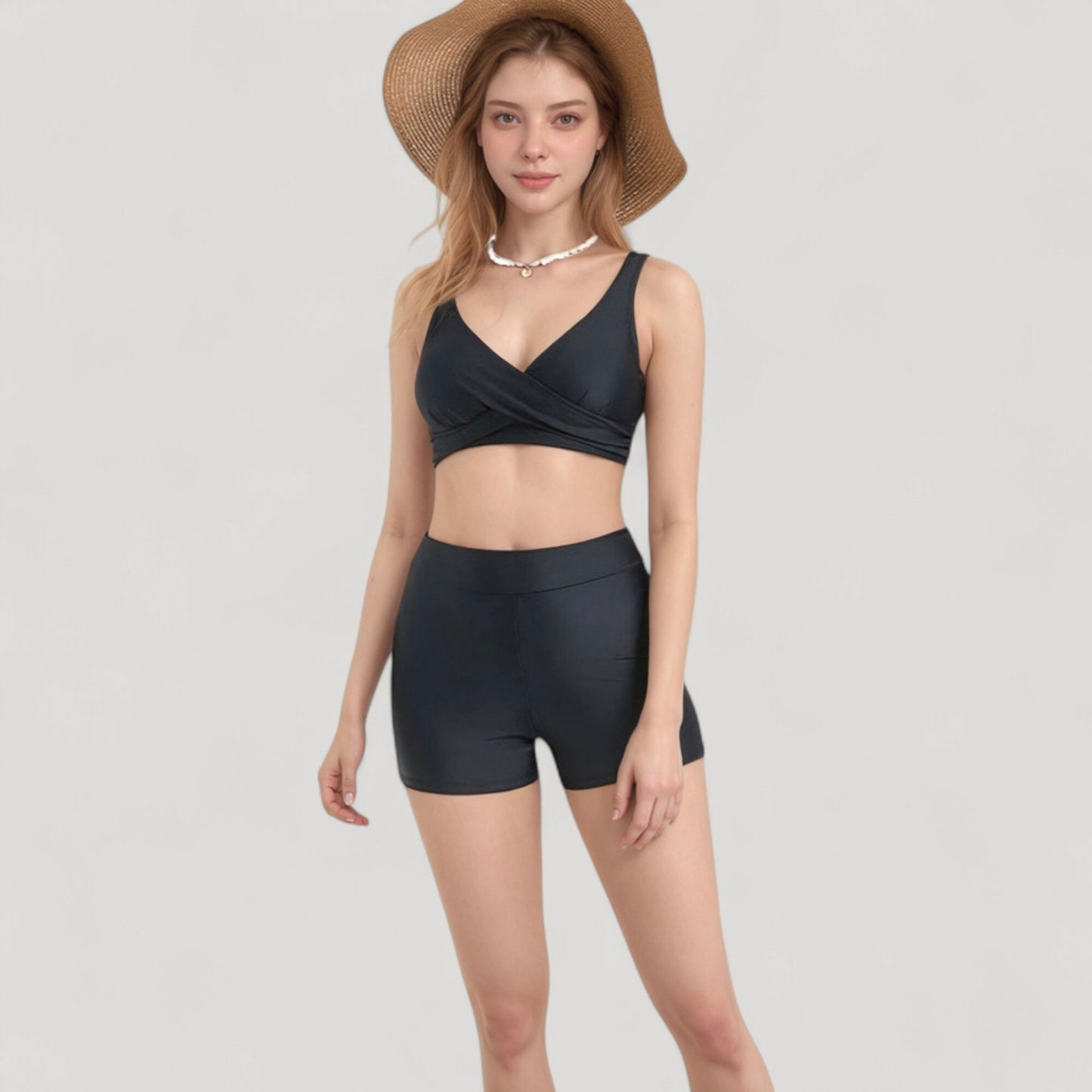 Twist Front Bikini Top and High Waist Swim Shorts Set with Supportive Wide Straps and Soft Stretch Fit