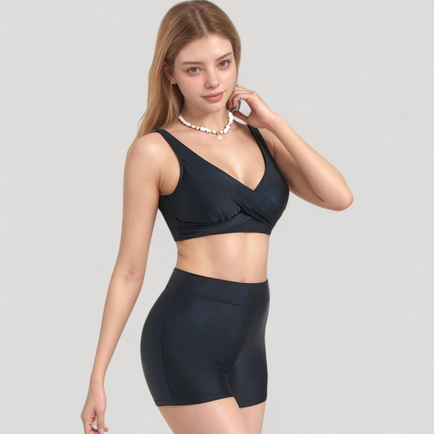 Twist Front Bikini Top and High Waist Swim Shorts Set with Supportive Wide Straps and Soft Stretch Fit