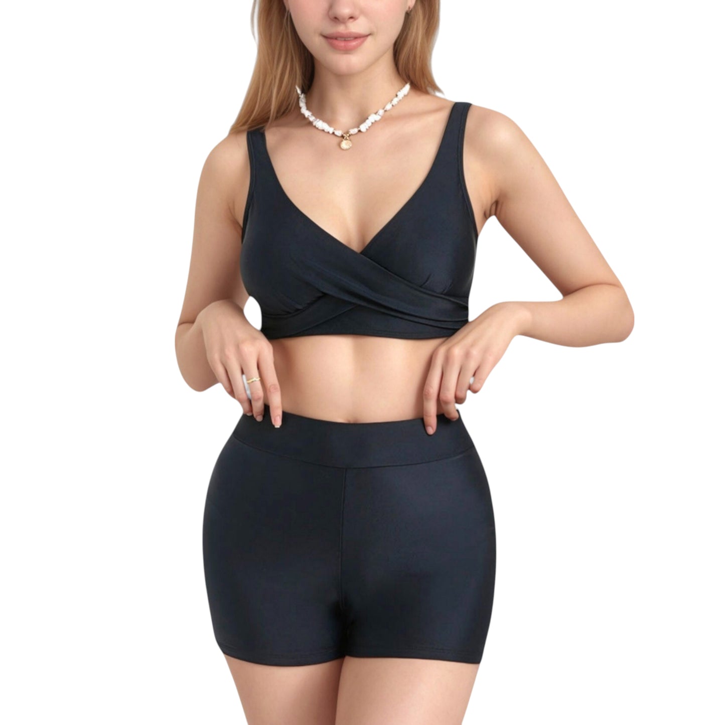 Twist Front Bikini Top and High Waist Swim Shorts Set with Supportive Wide Straps and Soft Stretch Fit