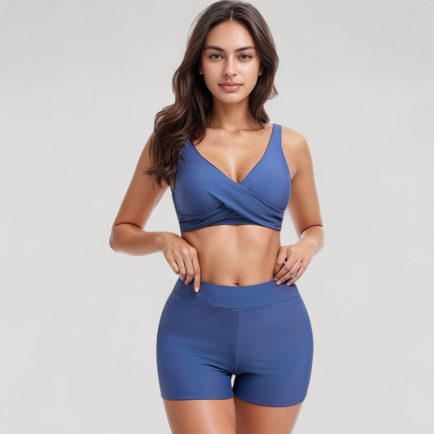 Twist Front Bikini Top and High Waist Swim Shorts Set with Supportive Wide Straps and Soft Stretch Fit